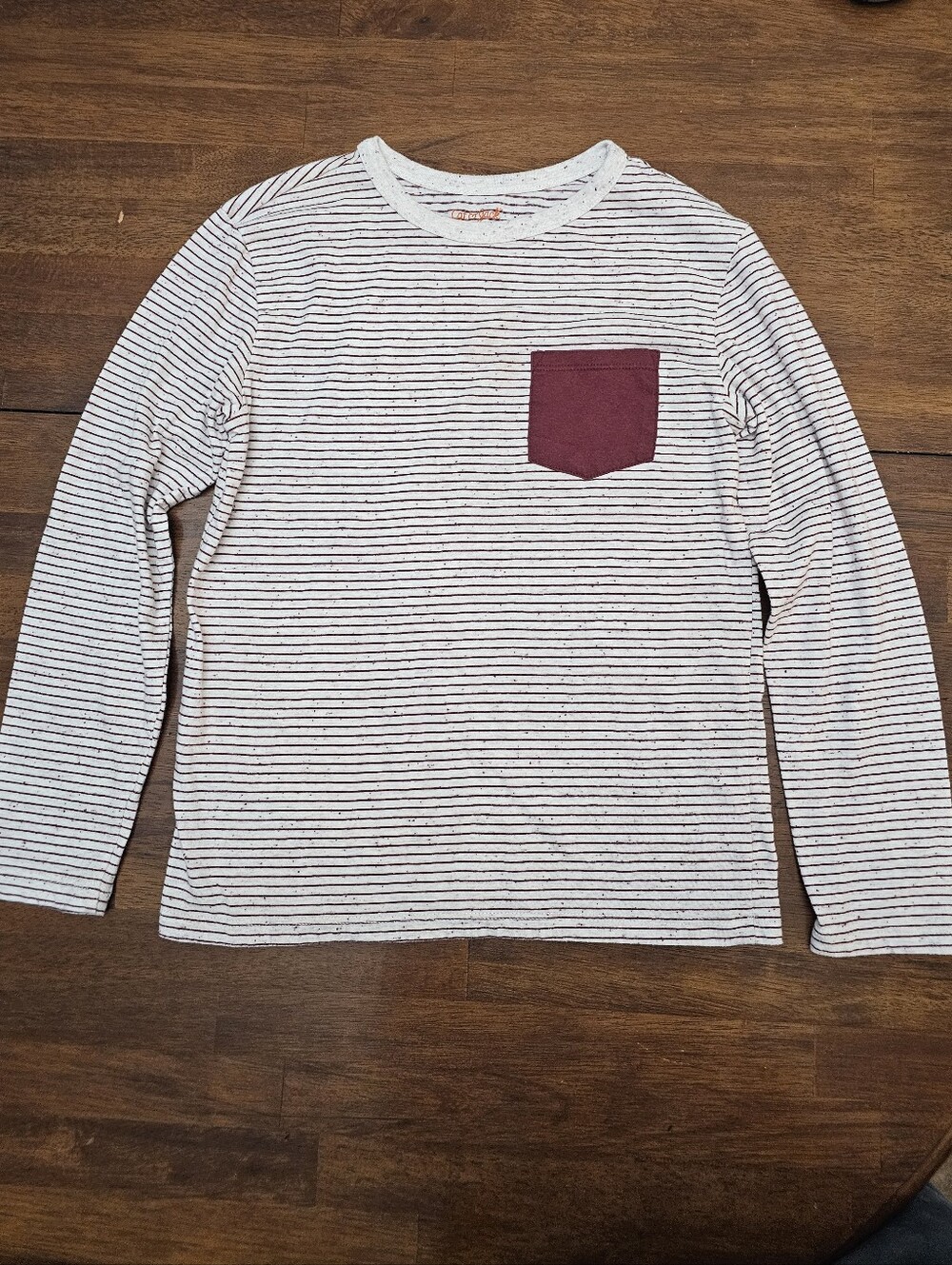 Cat & Jack White Striped Long-Sleeve Tee with Burgundy Pocket